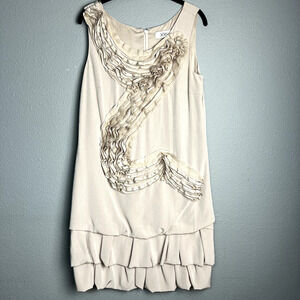 TERI JON Size 6 Neutral Knee Length Tent Dress Ruffled Embellish Disco Flapper